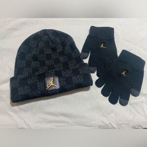 Jordan Black and Gold Logo Beanie and Gloves